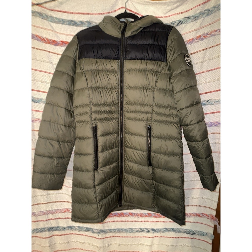 Reebok Women's Long Length Quilted Puffer Parka Coat Green/Black Women's Size M